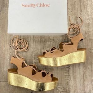 NIB See By Chloe Tan Suede Liana Lace Up Platform Sandals